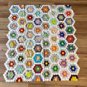 Vintage Grandmother's Flower Garden Quilt Top: Hand Sewn Project Piece 74" x 67"